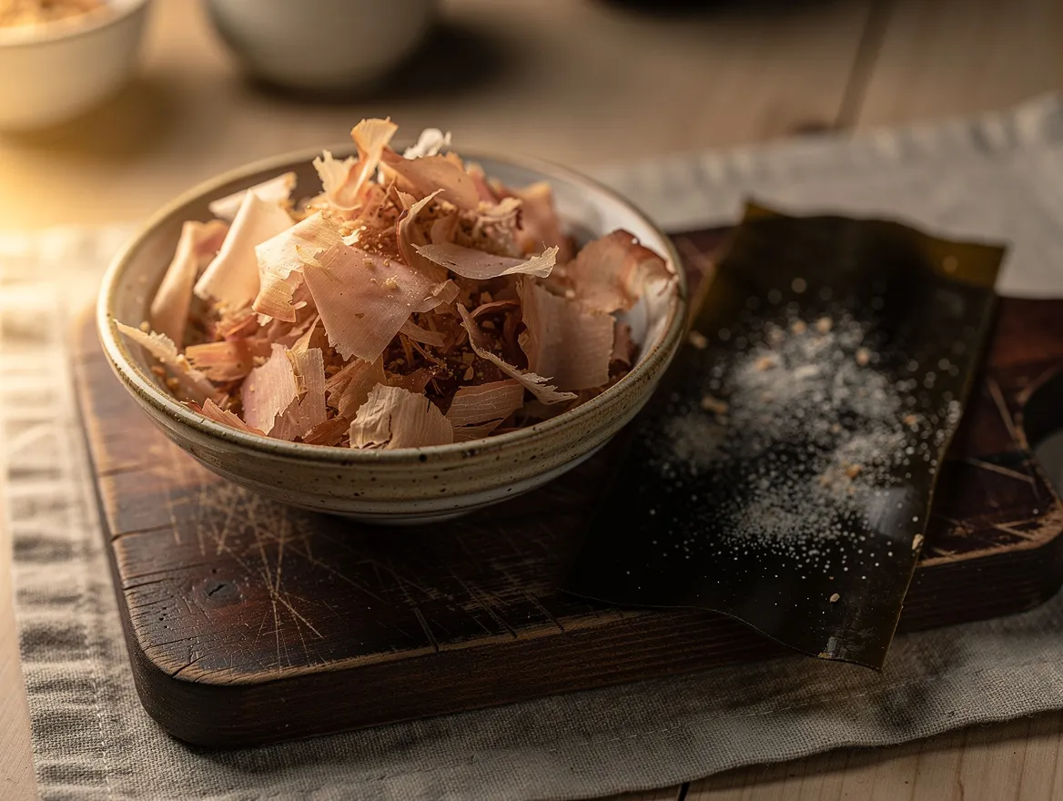 Schale mit hauchdünnen hellbraunen Katsuobushi-Flocken neben einem Stück getrocknetem Kombu