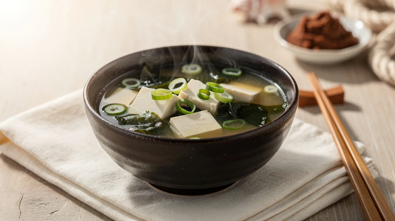 Dampfende Miso-Suppe mit Tofuwürfeln, Wakame und Frühlingszwiebelringen in dunkler Keramikschale