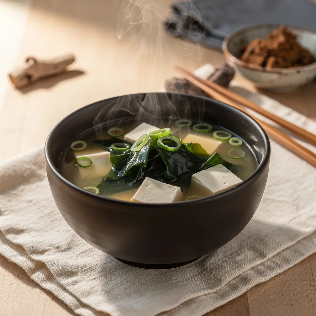 Dampfende Miso-Suppe mit Tofuwürfeln, Wakame und Frühlingszwiebelringen in dunkler Keramikschale